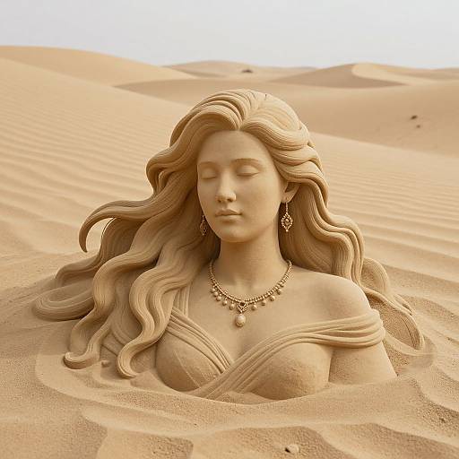 Photorealistic sand sculpture of a serene woman with long, wavy hair, wearing a necklace and earrings, partially buried in a desert.