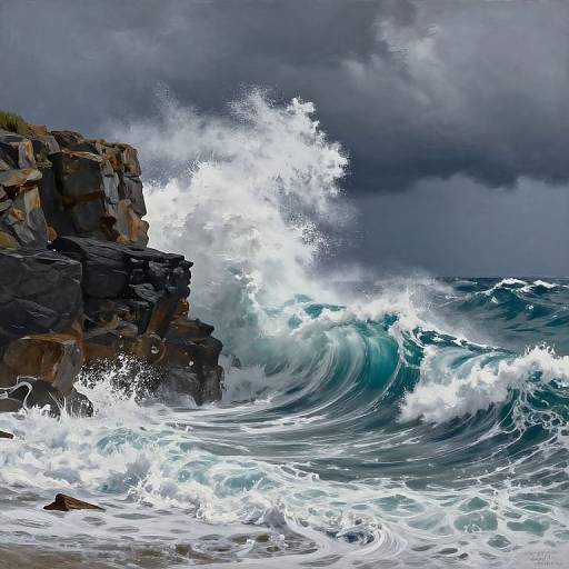 Photograph of powerful, crashing ocean waves against a dark, stormy sky and rocky cliff. Turquoise water, white foamy spray, and dramatic