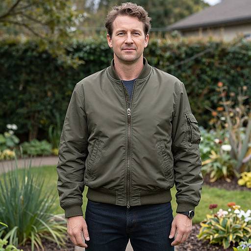 Photograph of a middle-aged Caucasian man with short brown hair, wearing a green bomber jacket and black pants, standing in a garden with lush greenery
