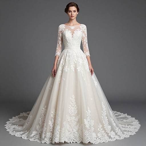 Photograph of a slender woman with dark hair in an elegant white lace wedding dress with three-quarter sleeves and a long, flowing skirt. Gray background.