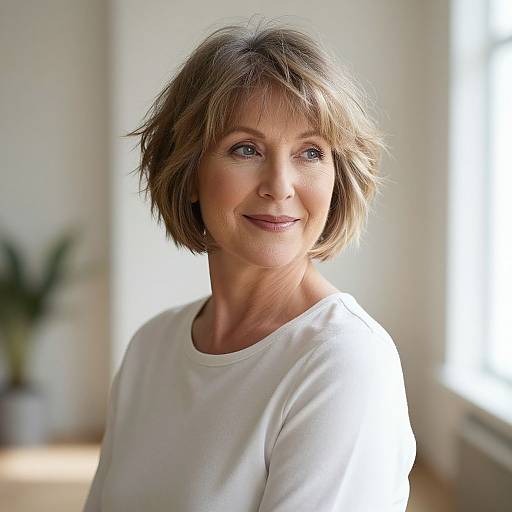 Photograph of a middle-aged woman with short, light brown hair, wearing a white shirt, smiling gently in natural light.