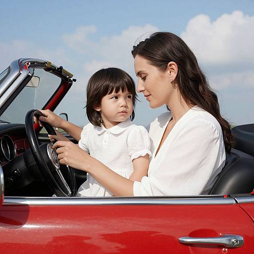 Photograph of a brunette woman in a white blouse teaching a young girl in a white dress to drive a red convertible.