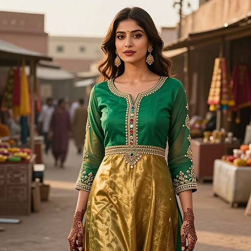 Photograph of an Indian woman with long dark hair, wearing a green and gold traditional kurti, intricate jewelry, and henna designs, standing