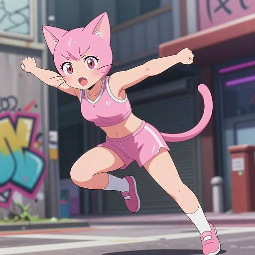 Anime-style digital drawing of a pink-haired, cat-eared girl in a pink sports outfit, mid-jump in a graffiti-decorated urban street