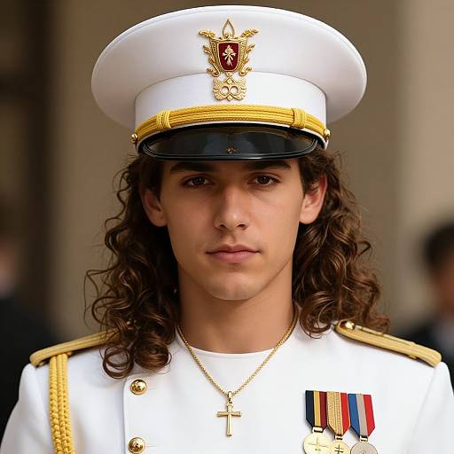 Photograph of a young man with long curly brown hair, wearing a white naval officer's uniform with gold trim, medals, and a white hat,