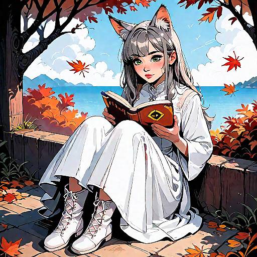 Autumn Reading Girl with Fox Ears