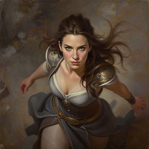 Digital painting of a fierce, brown-haired warrior woman with intense eyes, wearing a silver breastplate, blue skirt, and golden armor, mid-leap