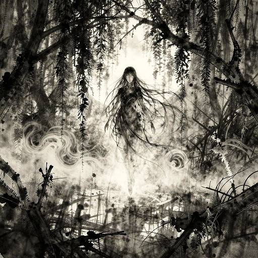 Black-and-white digital drawing of a silhouetted, long-haired figure amidst swirling clouds and dense, dark forest foliage, creating a mysterious, eth