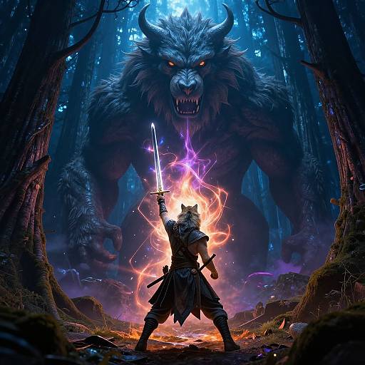 Digital fantasy artwork: Armored warrior with glowing sword and fiery aura faces towering, menacing wolf-like monster in dark, enchanted forest.