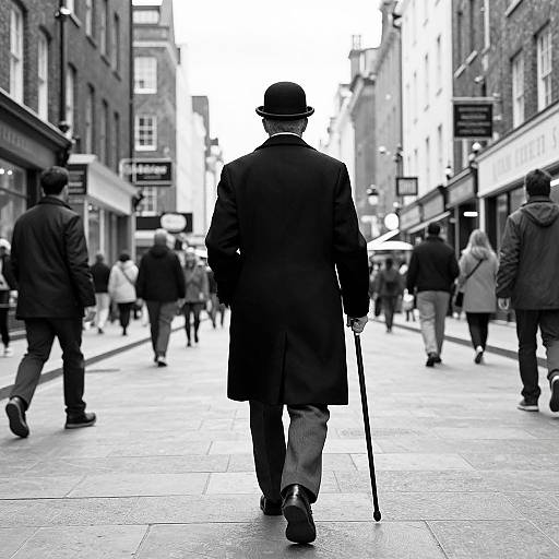 Black-and-white photograph of an elderly man with a cane and hat, walking away down a busy street, surrounded by people.