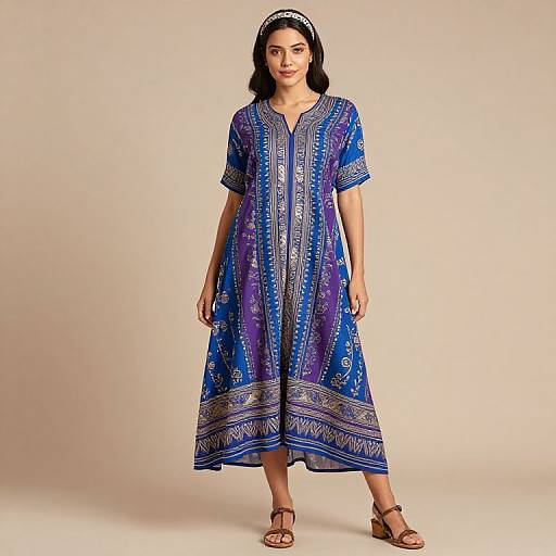 Woman in Blue Patterned Dress