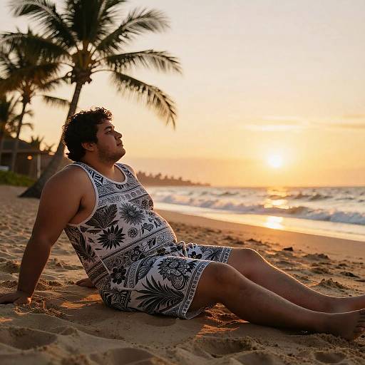 Photograph of a muscular, dark-haired man in white floral tank top and shorts, sitting on a sandy beach at sunset, with palm trees and waves