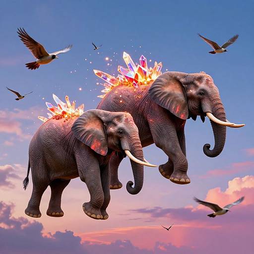 Photograph of two floating, fire-crystal adorned elephants with glowing red and purple crystals, white tusks, surrounded by flying birds, against a pink