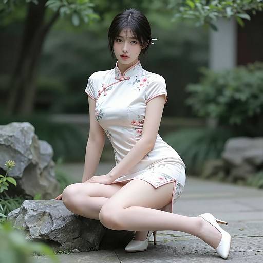 Photograph of an Asian woman with black hair in a white, floral-patterned Chinese dress, kneeling outdoors on a stone path, surrounded by greenery
