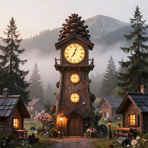 Magical Pine Cone Clock Tower Village