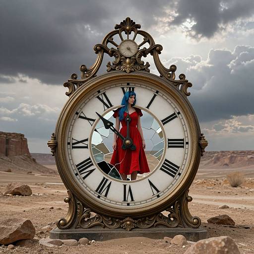Photograph of a large, ornate clock with a broken face, showing a blue-haired woman in a red dress standing inside. Desert landscape with rocky
