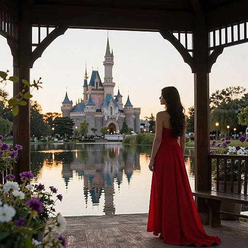 Silhouetted woman in red dress gazes at a fairy-tale castle reflected in a serene pond, framed by a wooden gazebo at sunset