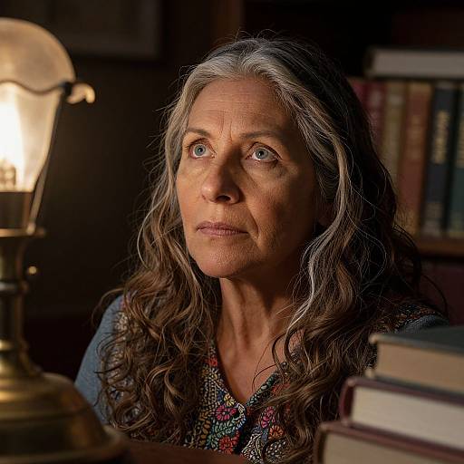 Photograph of a mature woman with long, wavy gray hair, wearing a patterned blouse, sitting in a dimly lit library, illuminated by