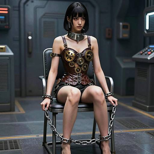 Digital art of an Asian woman with short black hair, wearing a metallic corset and shorts, chained to a chair in a dark, futuristic room.