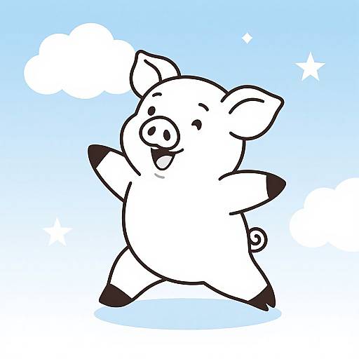 Cartoon-style black and white pig with a joyful expression, arms raised, and a curly tail, dancing against a light blue sky with fluffy clouds and