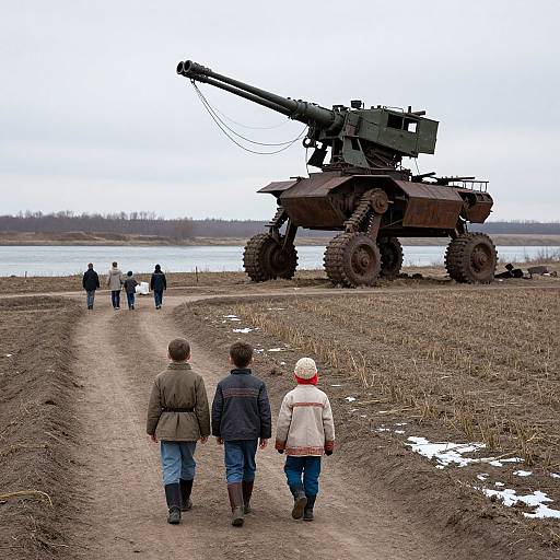 Photograph of children walking towards a large, rusted, military tank on a dirt path beside a frozen lake, with a few people in the distance