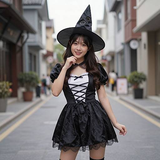Photograph of an Asian woman in a black witch costume with lace-trimmed dress, corset, and pointed hat, standing on a narrow,