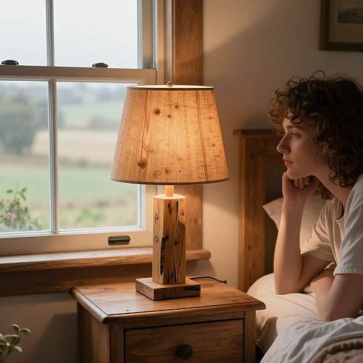 Photograph of a curly-haired young person in a white shirt, sitting in a wooden bedroom, gazing at a lit wooden lampshade beside a window