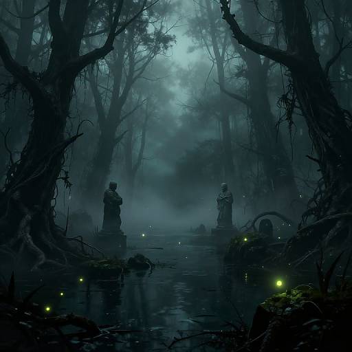 Mysterious, blue-tinted forest night scene with two shadowy statues standing in a reflective, foggy pond surrounded by glowing fireflies.