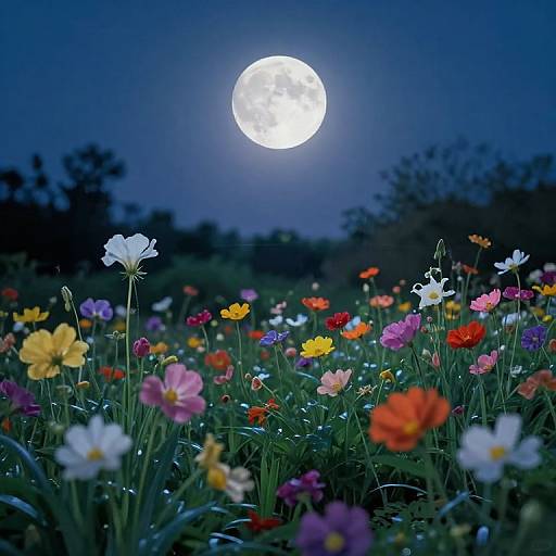 Photograph of a moonlit night, full moon in a dark blue sky, illuminating a colorful field of blooming flowers including white, pink,