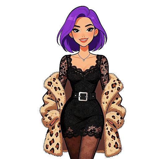 Digital illustration of a confident woman with purple bob haircut, wearing a black lace dress, leopard fur coat, and black tights.