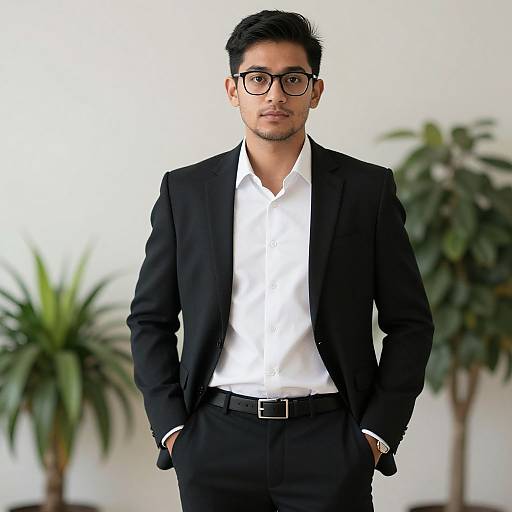 Photograph of a young South Asian man with black hair and glasses, wearing a black suit, white shirt, and black pants, standing with hands in