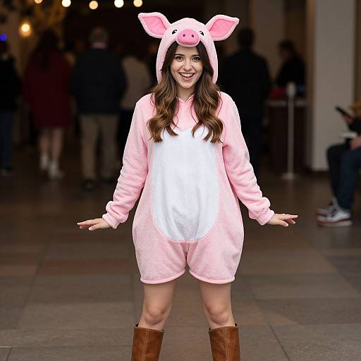 Photograph of a smiling woman with long brown hair, wearing a pink pig costume, white front, brown boots, in a dimly lit outdoor event