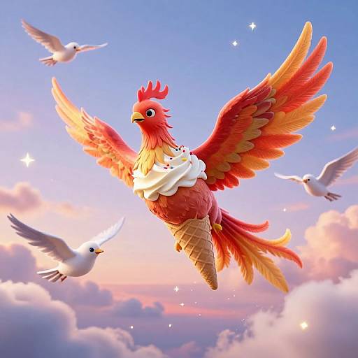 Digital artwork of a vibrant red and yellow phoenix with a vanilla ice cream cone, soaring among white doves against a pink and blue sunset sky.