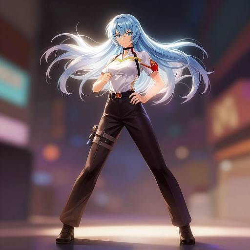 Digital anime-style drawing of a confident blue-haired woman with long flowing hair, wearing a white shirt, black pants with a belt holster, and black boots