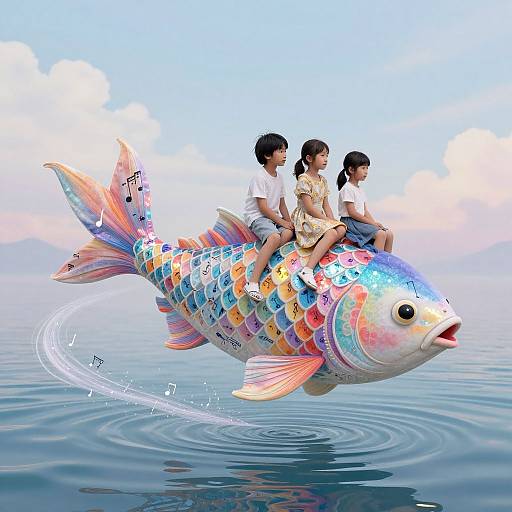 Digital artwork of three Asian children riding a colorful, patterned koi fish across a calm, reflective water surface under a blue sky.