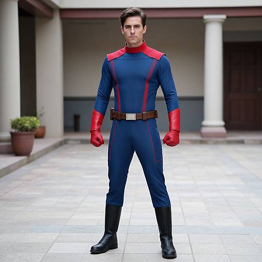 Photograph of a handsome man in a blue superhero suit with red gloves, red accents, black boots, standing confidently on a tiled patio with columns and