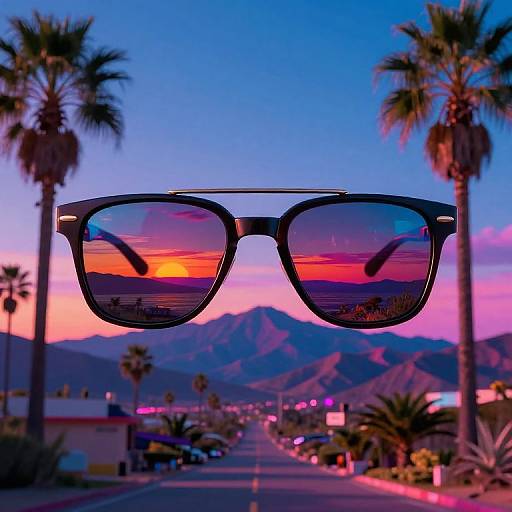 Photograph of reflective sunglasses with a vivid sunset and mountain reflection, set against a blurred desert street with palm trees and mountains at dusk.