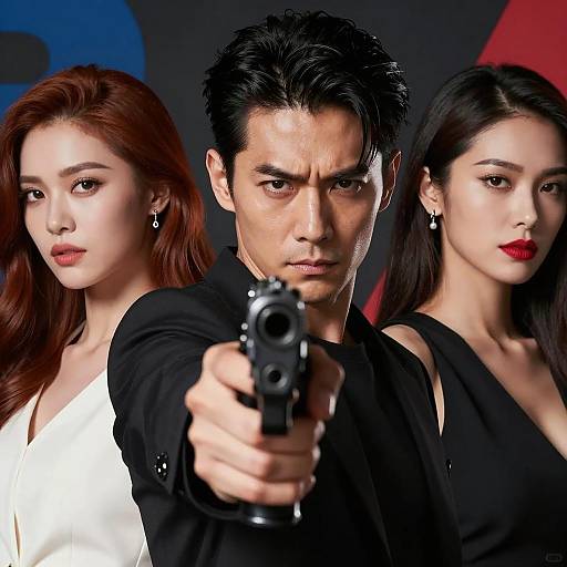 Intense Man with Gun and Two Women