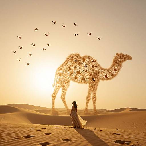Photograph of a woman in a flowing dress standing before a sunlit, bird-shaped camel silhouette in a golden desert with flying birds.