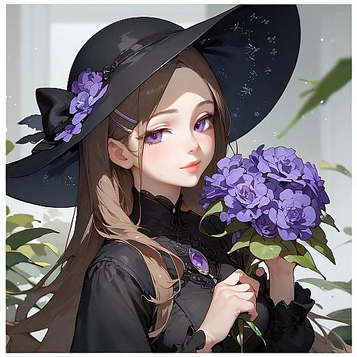 Digital anime-style drawing of a fair-skinned young woman with long brown hair, purple eyes, wearing a black hat and dress, holding a bouquet of
