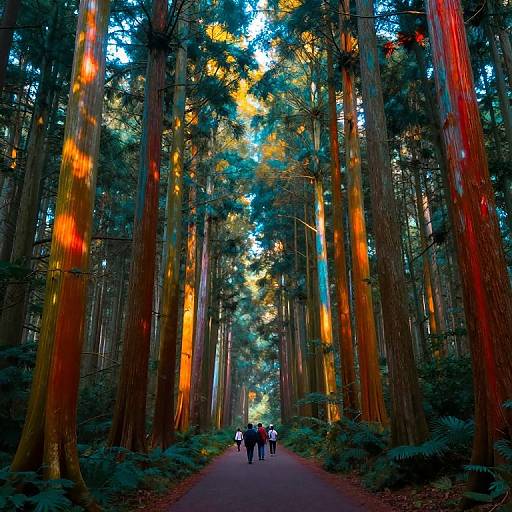 Photograph of a forest path lined with towering redwood trees, illuminated by vibrant orange and blue light reflections, with three people walking away from the camera