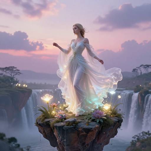 Ethereal Woman on Floating Rock with Glowing Flowers