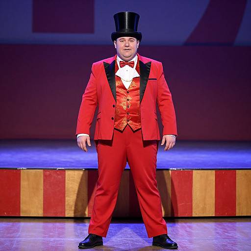 Photograph of a man in a vibrant red suit, black top hat, white shirt, and red vest, standing on stage with blue and red striped