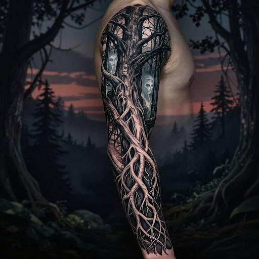 Digital artwork of a tree-like creature with entwined roots, glowing blue eyes, and a dark forest background at sunset.