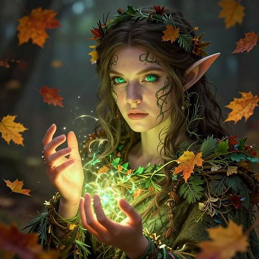 Digital fantasy artwork of a green-eyed elf woman with long, wavy brown hair, wearing a leafy crown and cloak, holding glowing magic in her