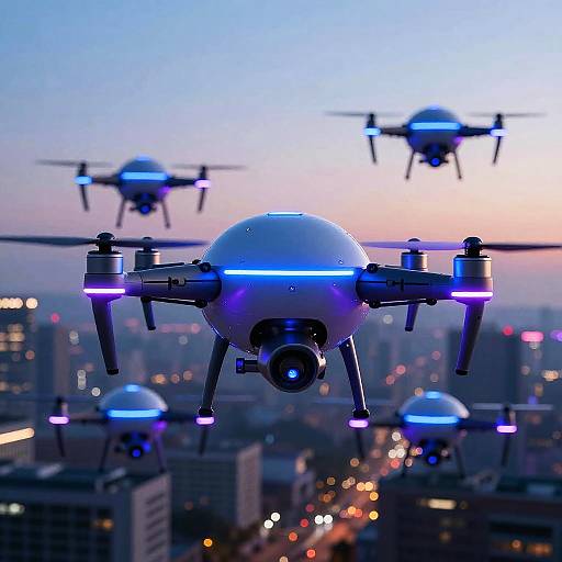 Spherical Neon Drones in Futuristic City