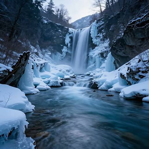 Photograph of a snowy, icy waterfall cascading into a flowing river, surrounded by snow-covered rocks and sparse, leafless trees.