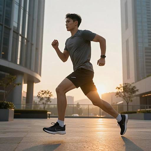 Dynamic Runner Against Urban Sunrise