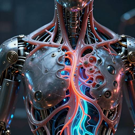 CGI image of a futuristic, metallic humanoid with exposed, glowing red and blue vascular system, illuminated against a dark background.