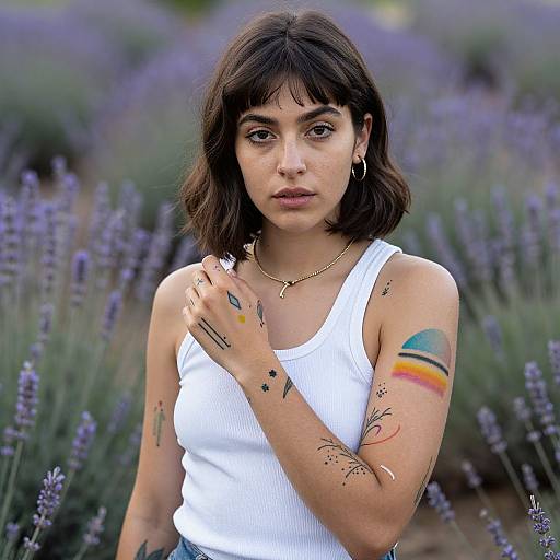Photograph of a young woman with short dark hair, wearing a white tank top, standing in a lavender field. She has colorful tattoos on her arms